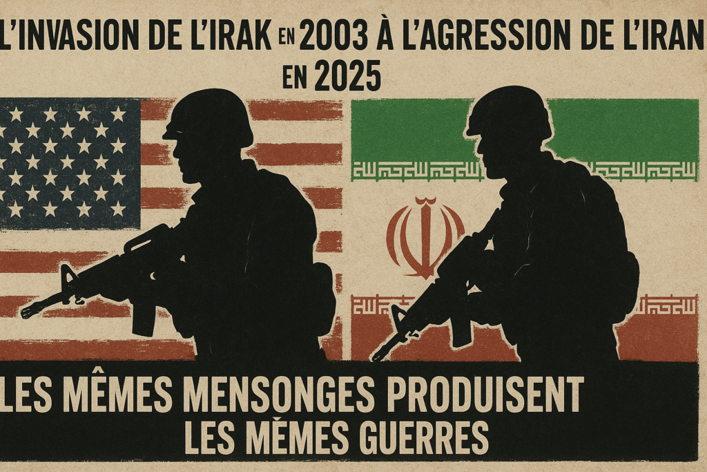 Infographie illustrant la similitude entre l'invasion de l'Irak en 2003 et l'agression de l'Iran en 2025